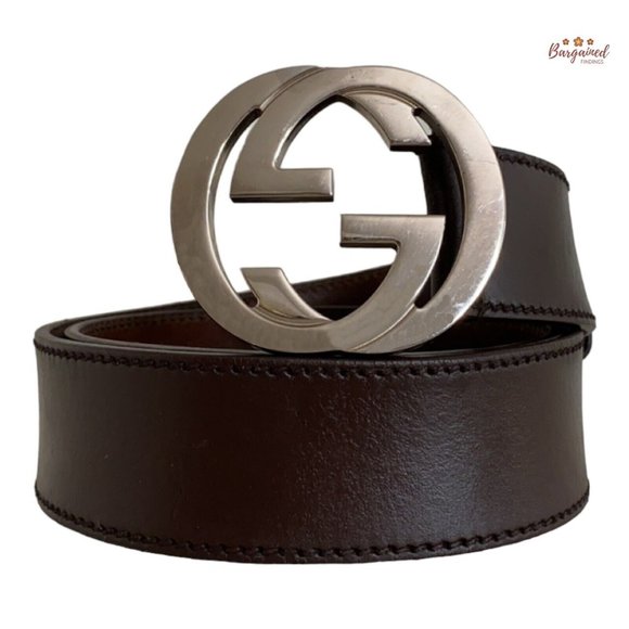 Authentic Gucci Brown Calfskin Leather Silver Interlocking G Buckle Belt 85/34 - Picture 1 of 13